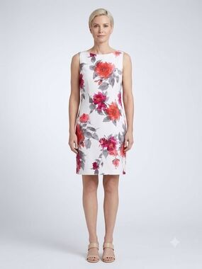 Sleeveless White Floral Sheath Dress with Pink & Red Blooms
